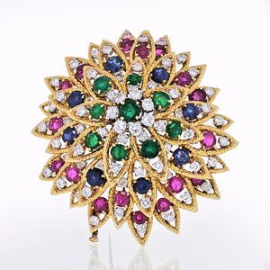 Vintage David Webb Multicolor Gemstone 1970's Brooch 18K Yellow Gold